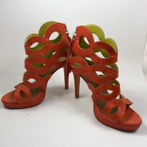 High Heel Sandal - BLONDE AMBITiON Shoe Orange Leather Caged Fringe